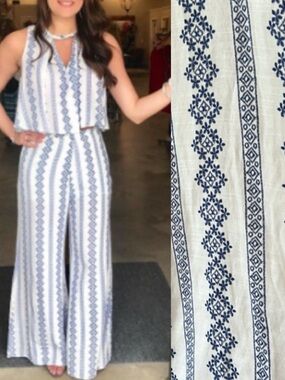 Hommage Los Angeles | Two Piece Wide Leg Pants Outfit White Blue Floral Aztec Sm